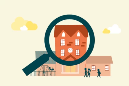Illustration över ett förstoringsglas som tittar på ett hus