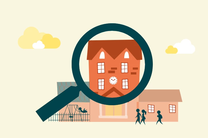 Illustration över ett förstoringsglas som tittar på ett hus