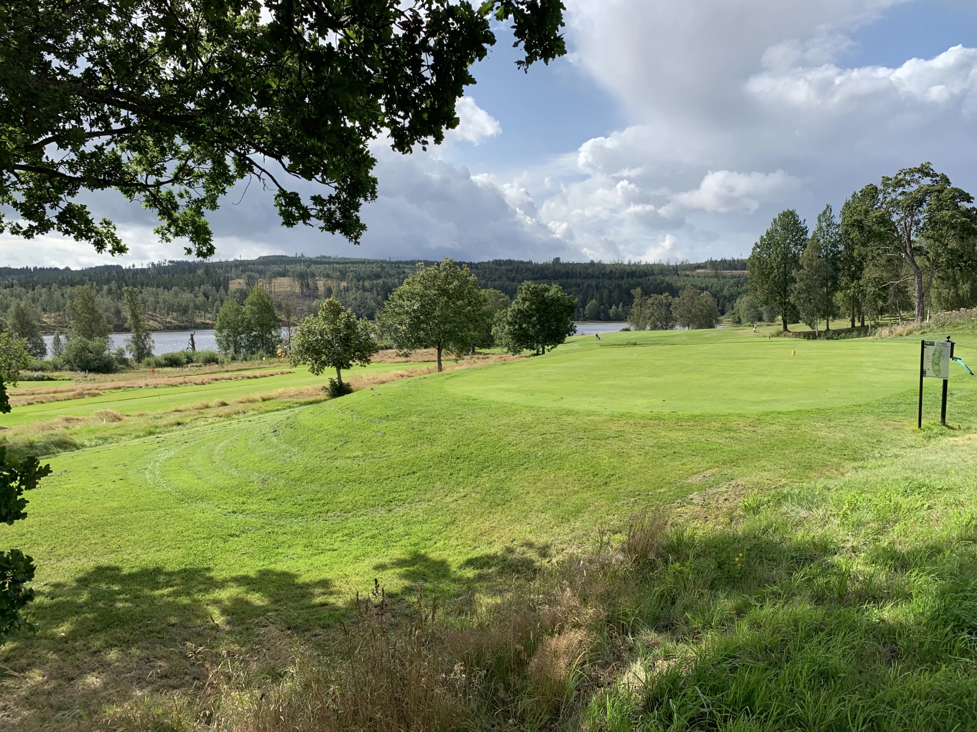 En miljö bild över Säters golfbana med blå himmel och grönområden
