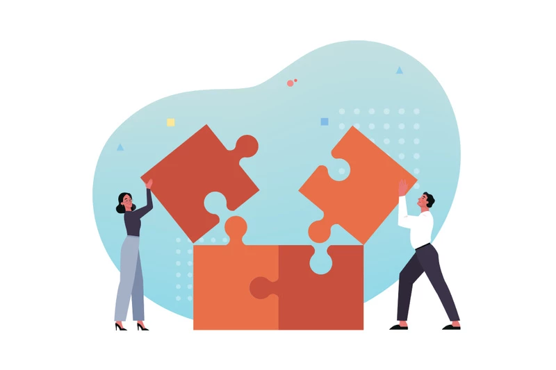 Tecknad bild på två människor som bygger ett stort pussel tillsammans.