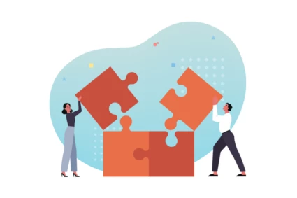 Tecknad bild på två människor som bygger ett stort pussel tillsammans.