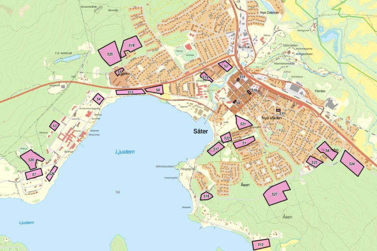 Karta som visar föreslagna områden för boendeförsörjning i centrala Säter.