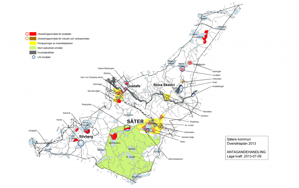Kartbild över bebyggelseutveckling enligt översiktsplanen i Säters kommun