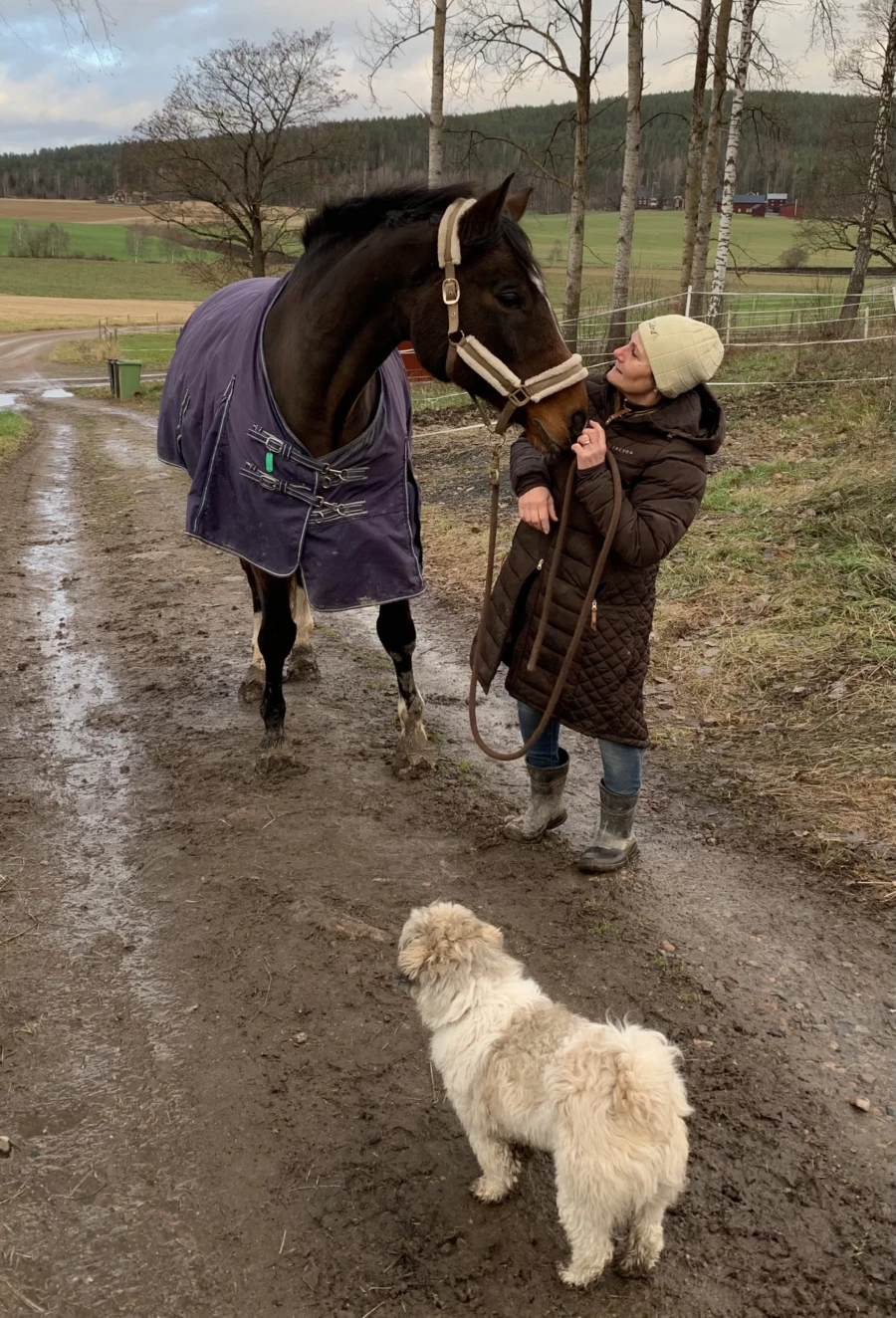 Agneta Höglund med sin häst och hund.