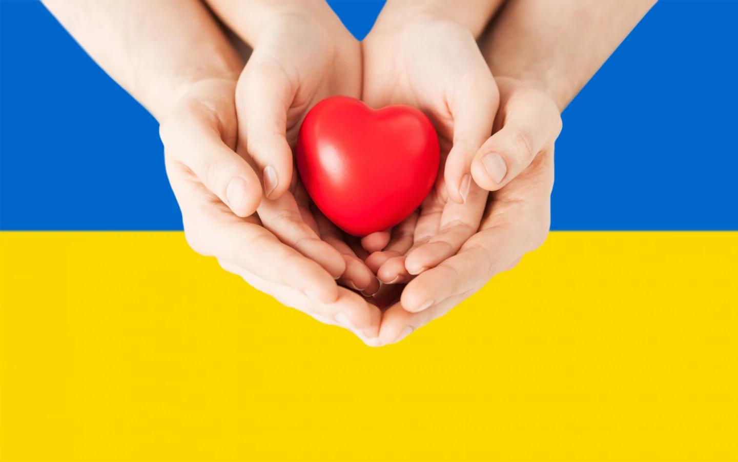ukrainska flaggan som bakgrund till två händer som håller ett hjärta.