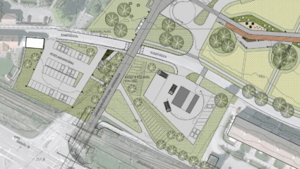 Bilden visar illustrationsplan innehållandes pendlarparkering, gångstråk mellan Säter stad och Säterdalen, grönytor med gräs och träd, grönyta med gräs, träd och parkmöbler, gångstråk till järnvägen.