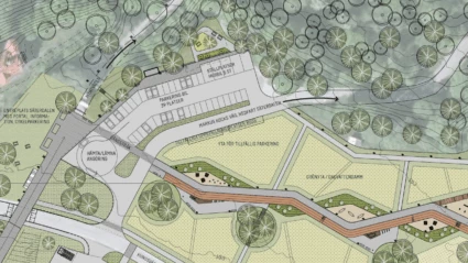 Bilden visar illustrationsplan över Gruvplansområdet med centralt gångstråk, parkeringsplatser, ängsyta med klippta gångstråk i gräs, samlingsplats och platser med olika attraktioner till exempel hinderbana, hängmattor omgärdade av planering och mindre träd. 