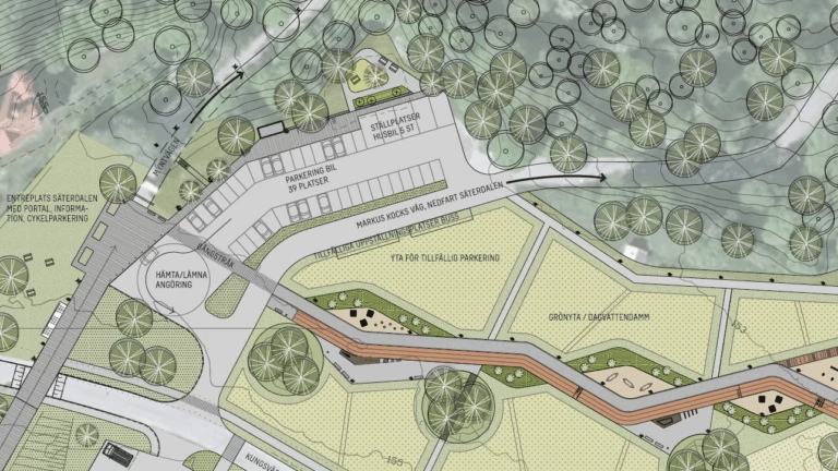 Bilden visar illustrationsplan över Gruvplansområdet med centralt gångstråk, parkeringsplatser, ängsyta med klippta gångstråk i gräs, samlingsplats och platser med olika attraktioner till exempel hinderbana, hängmattor omgärdade av planering och mindre träd. 