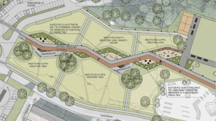 Bilden visar illustrationsplan för Gruvplan. Här syns platser för olika attraktioner, till exempel hinderbana och hängmattor omgärdade av plantering och mindre träd, änsyta med klippta gångstråk i gräs, samlingsplats, parkeringsplatser mm.