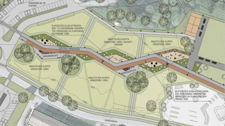 Bilden visar illustrationsplan för Gruvplan. Här syns platser för olika attraktioner, till exempel hinderbana och hängmattor omgärdade av plantering och mindre träd, änsyta med klippta gångstråk i gräs, samlingsplats, parkeringsplatser mm.