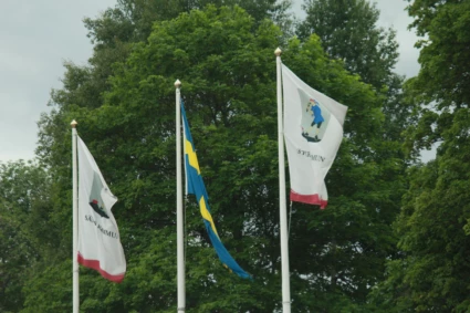 Tre flaggor upphissade på flaggstänger