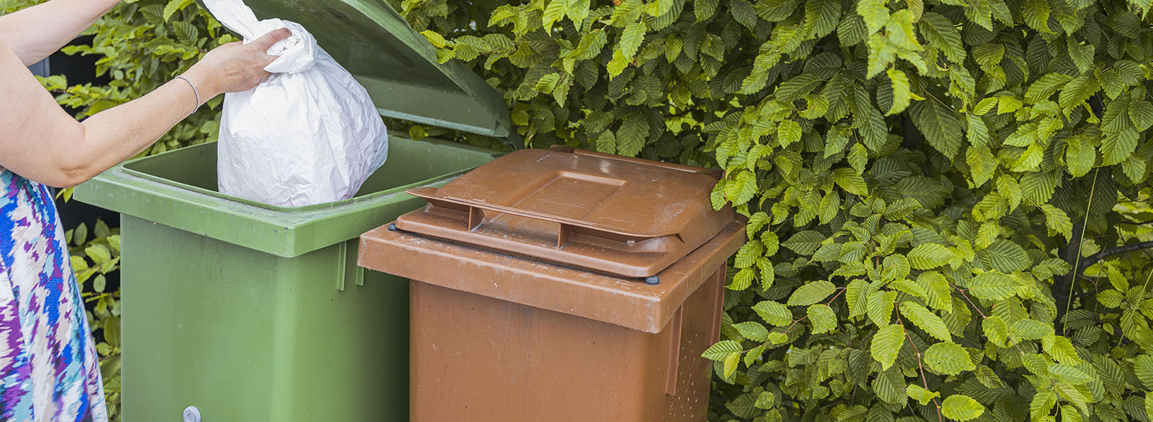 En kvinna slänger sopor i en grön soptunna