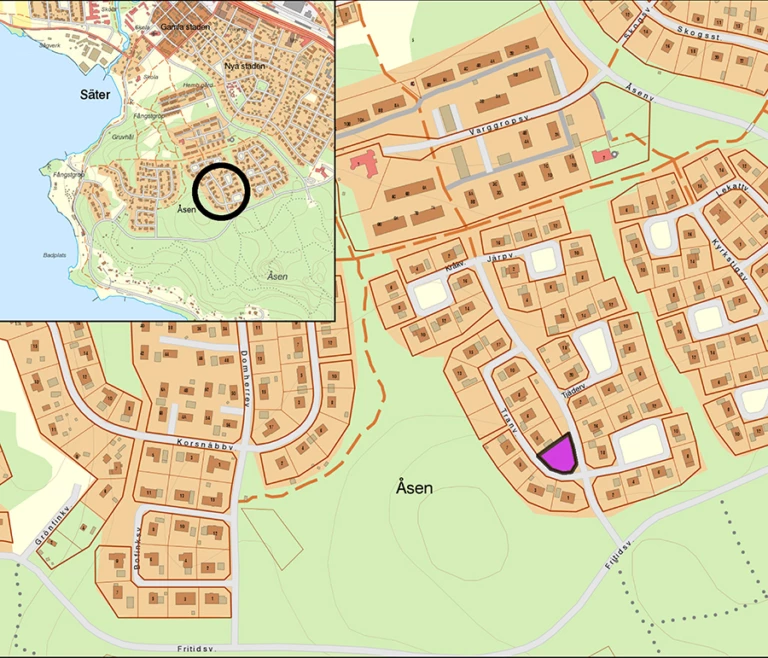 Karta över ledig tomt på Åsen i Säter