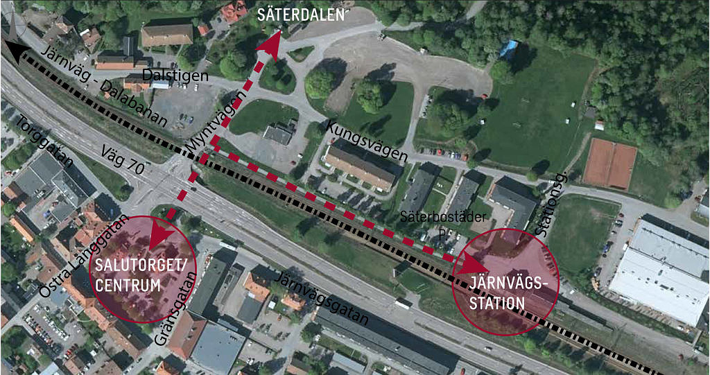 Illustrerad karta över Salutorget och Järnvägsstationen i Säter