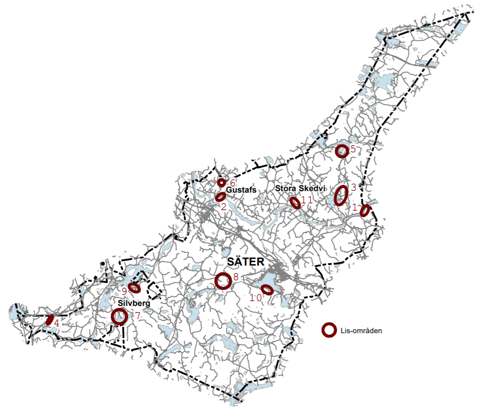 Kartbild över strandskyddsområden i Säters kommun
