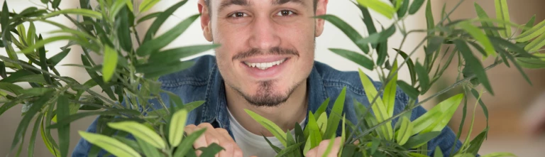Ung man tittar fram bland gröna växter