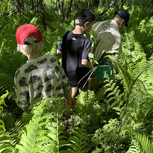 I den täta skogen vid ån fick barnen leta efter naturmaterial.