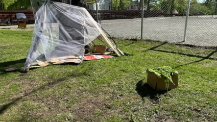 En koja gjord av pinnar och tyg