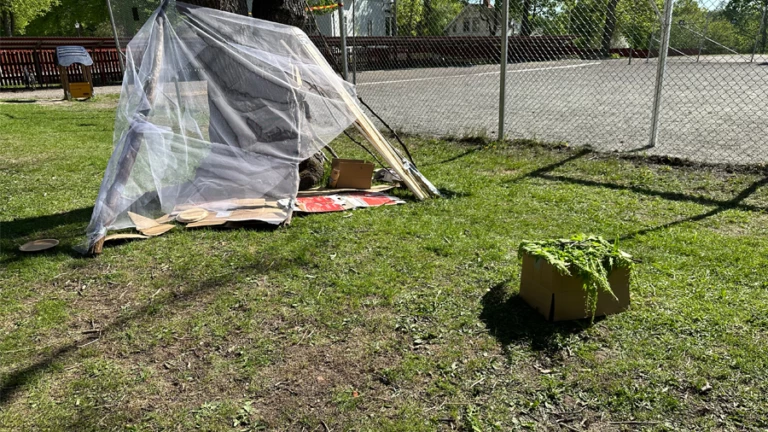 En koja gjord av pinnar och tyg