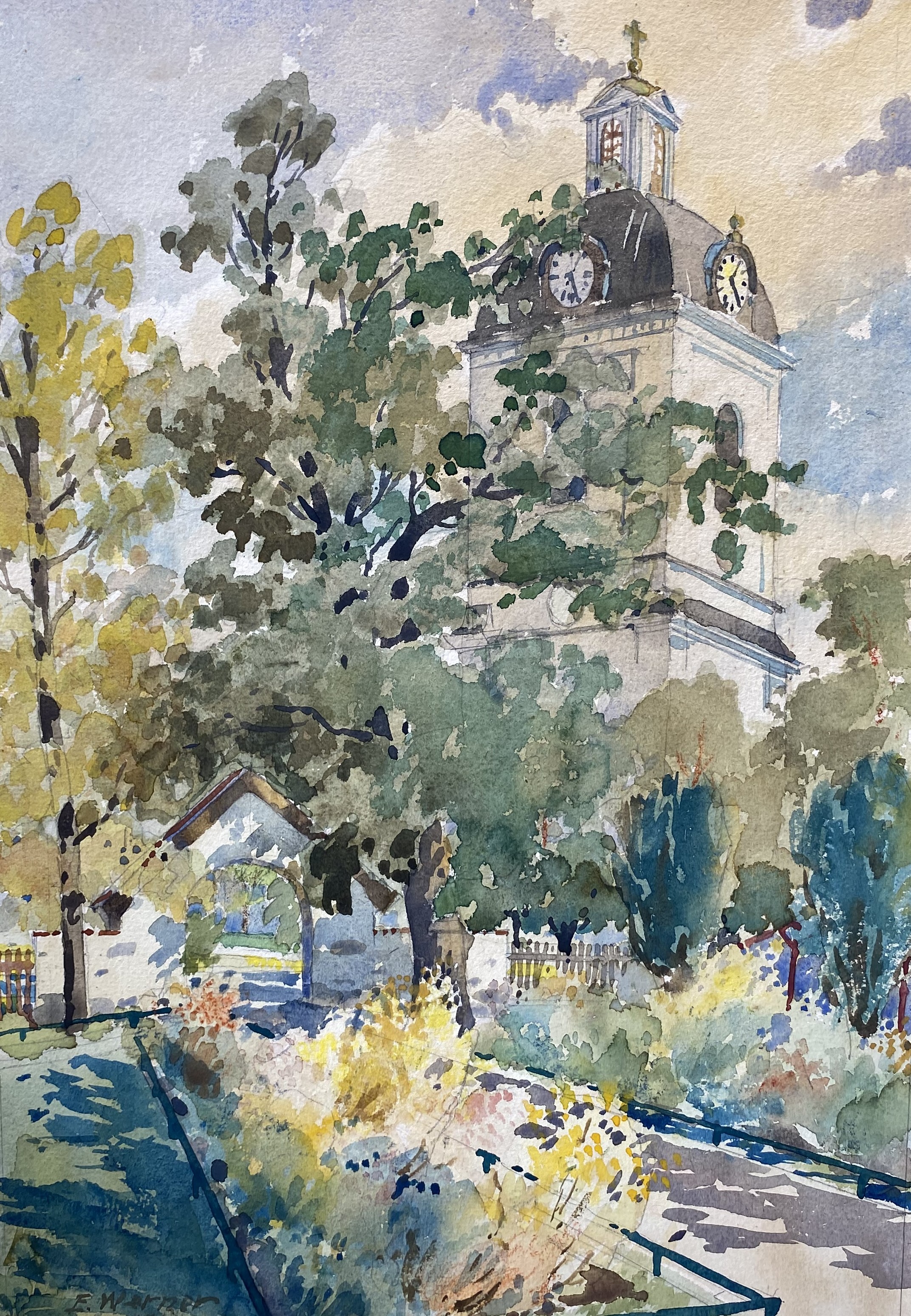Akvarellmålning av Elis Verner., föreställande Säters Kyrka och portalen vid Kungsgårdsskolan