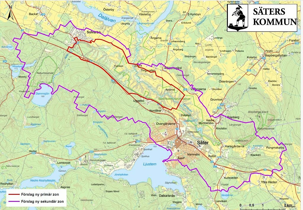 Karta visar utbredning av vattenskyddsområdet kring Solvarbo och Ugglebo.