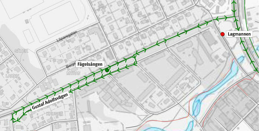 Karta busshållplats Lagmannen och Fågelsången.