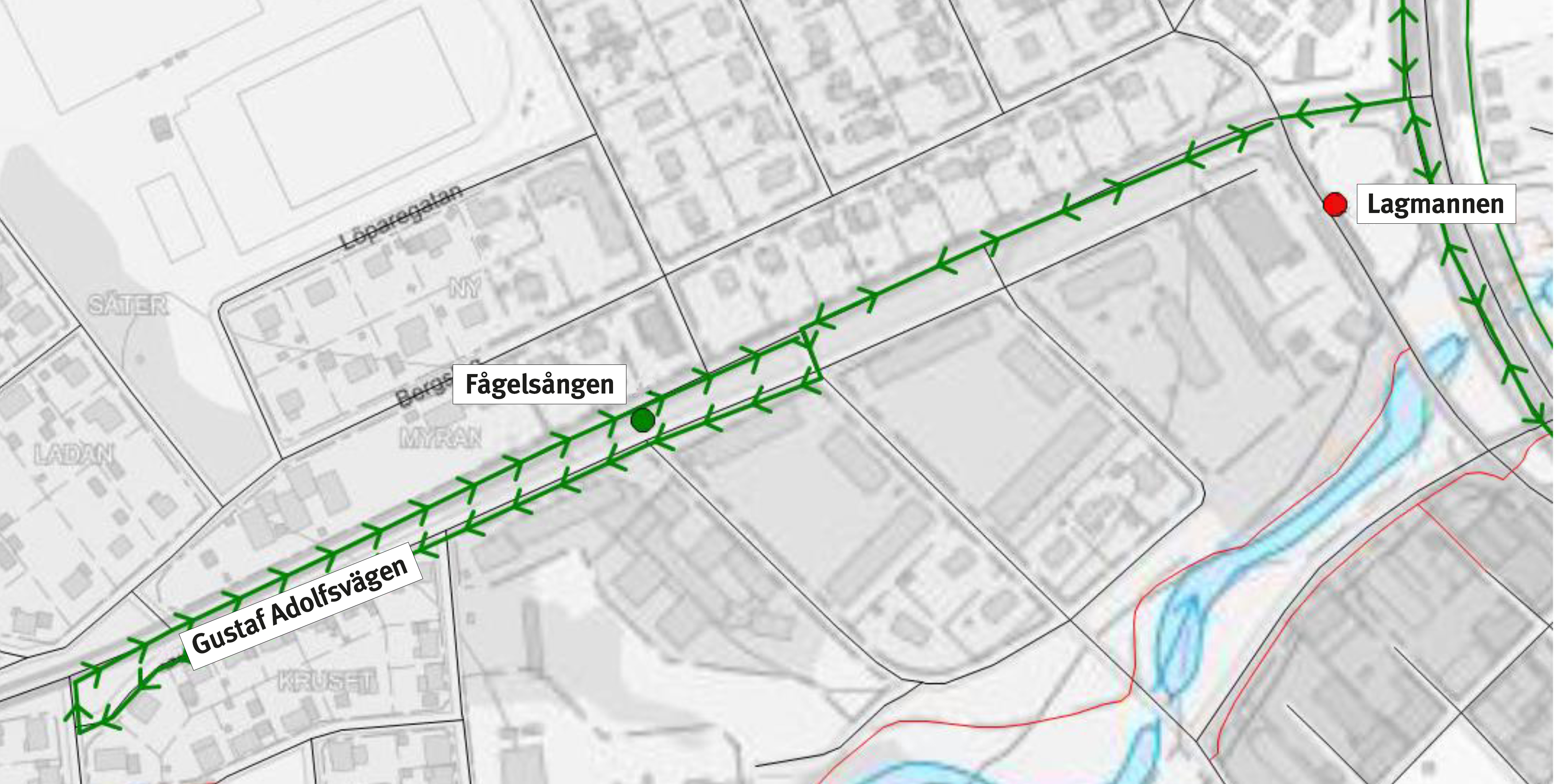 Karta busshållplats Lagmannen och Fågelsången.
