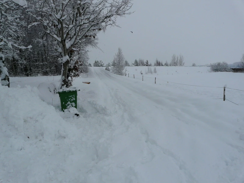 En soptunna längs en snömoddig vinterväg