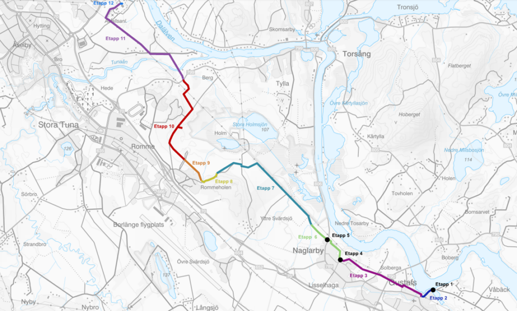 Kartan över etapperna där Säters kommun ska lägga ner nya avloppsledningar fram till reningsverket i Borlänge.