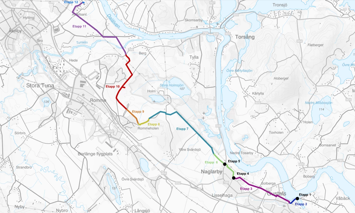 Kartan visar etapperna där Säters kommun ska lägga ner nya avloppsledningar fram till reningsverket i Borlänge.