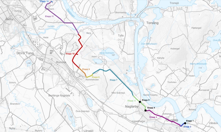 Kartan visar etapperna där Säters kommun ska lägga ner nya avloppsledningar fram till reningsverket i Borlänge.