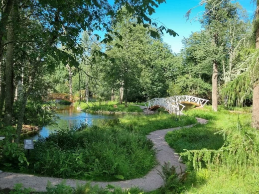 Foto av den Engelska parken i Grängshammar. Bilden Skirande grönska och vita välvda promenadbroar över porlande bäckar