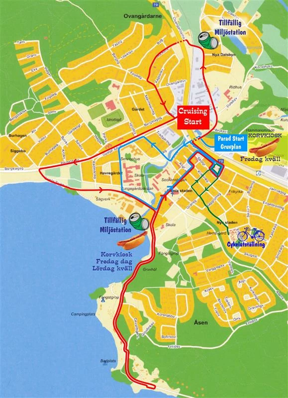 Kartan visar hur ekipagen ska åka längs en slinga för att vara med i cruisingen och paraden. Blå och grön slinga gäller fredag 18 juli. Blå slinga gäller motorparad mc, moped och traktor. Grön slinga gäller cykel. Röd slinga är slingan för cruising och gäller för bilar lördag 19 juli.