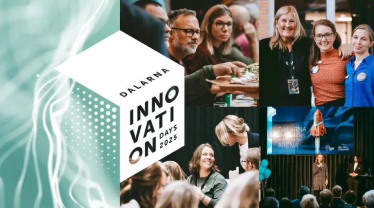 bild på en kub där det står dalarna innovation days och massa människor i bakgrunden