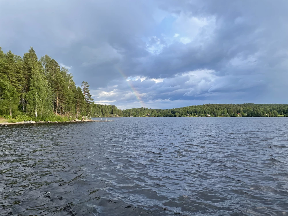 en sjö med skog och moln i bakgrunden