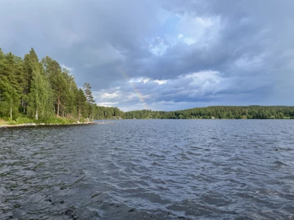 en sjö med skog och moln i bakgrunden