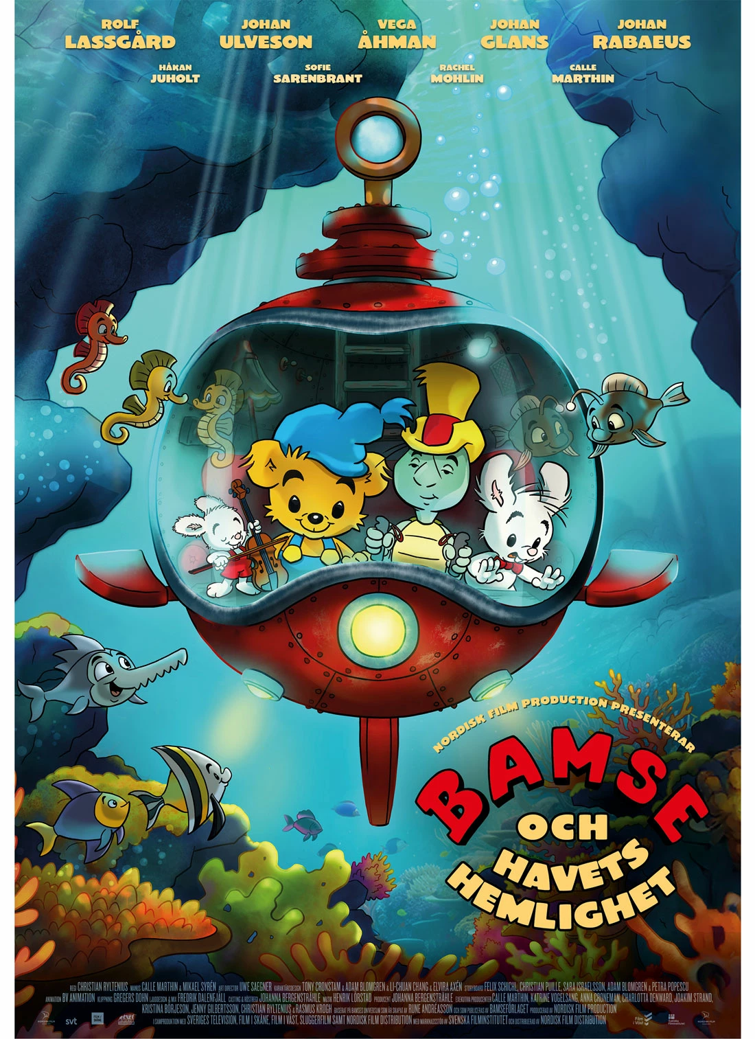filmaffisch bamse. skalman, lille skutt och miniskutt åker i en ubåt under vattnet