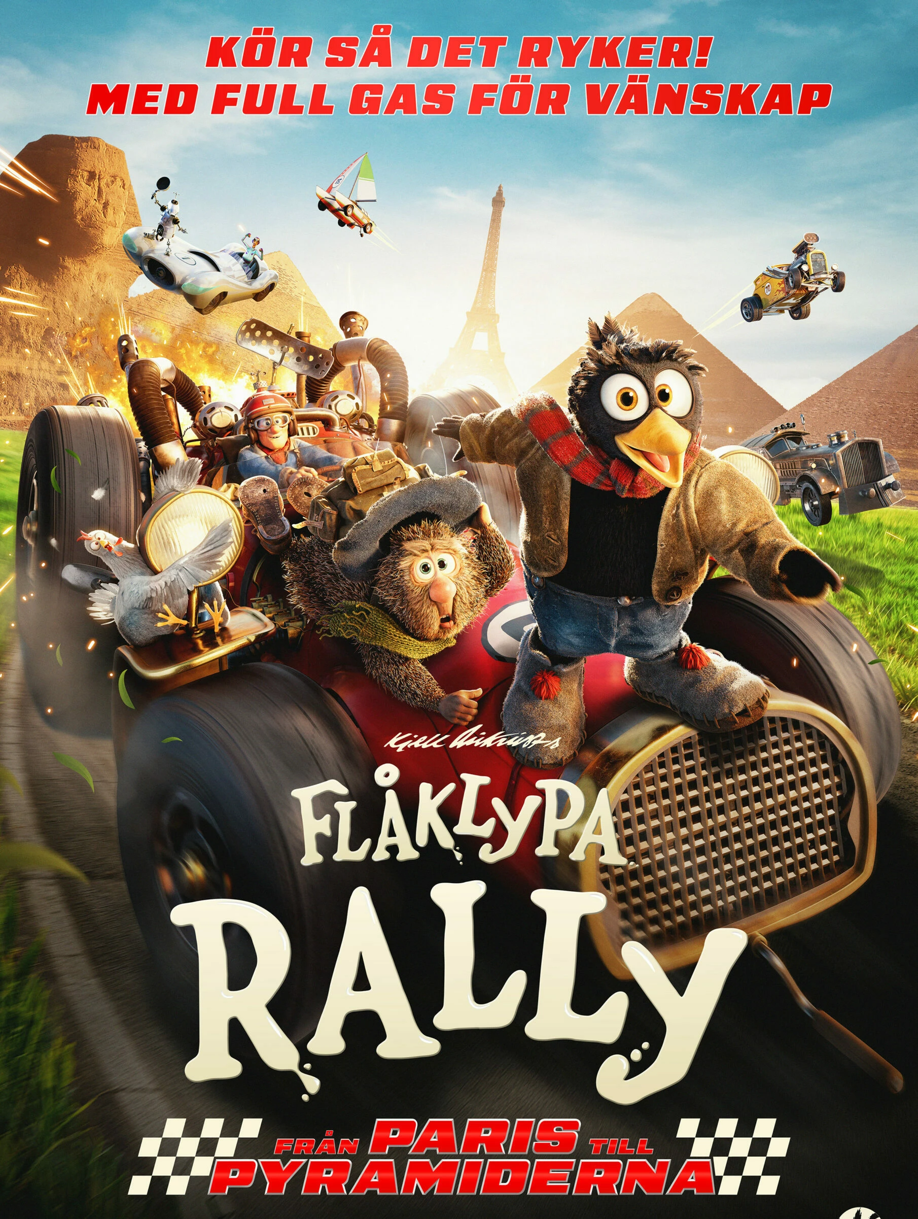 filmaffisch, aminerade djur som åker rallybil