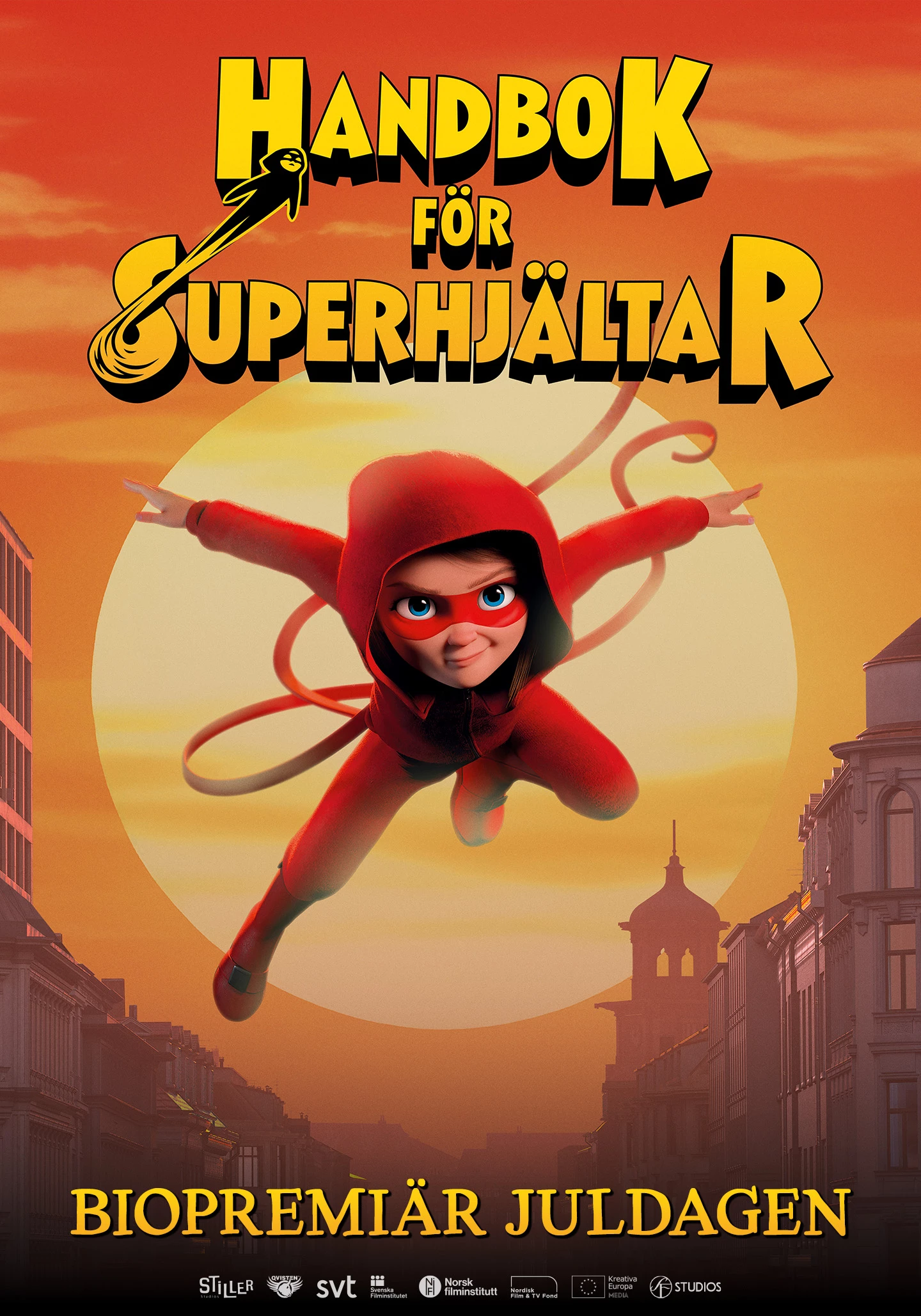 filmaffisch för Handbok för superhjältar. Lisa i röd superhjältedräkt flyger över staden