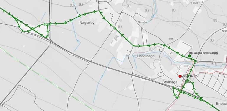 Karta över tillfälliga förändringar vid hållplats Gustafs riksväg 70.