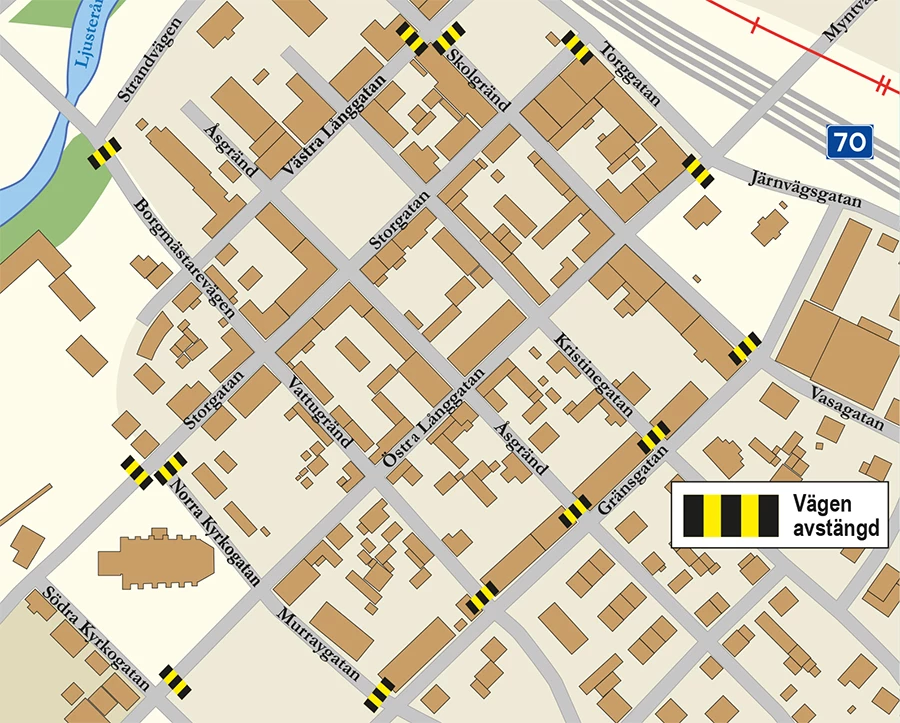 karta över avspärrningar i centrala säter på grund av julmarknaden