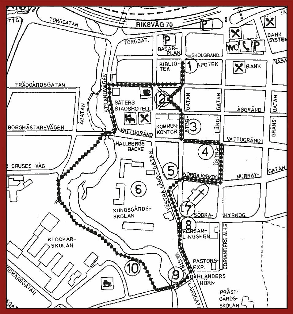 ritad karta över stadsvandring i trästaden Säter