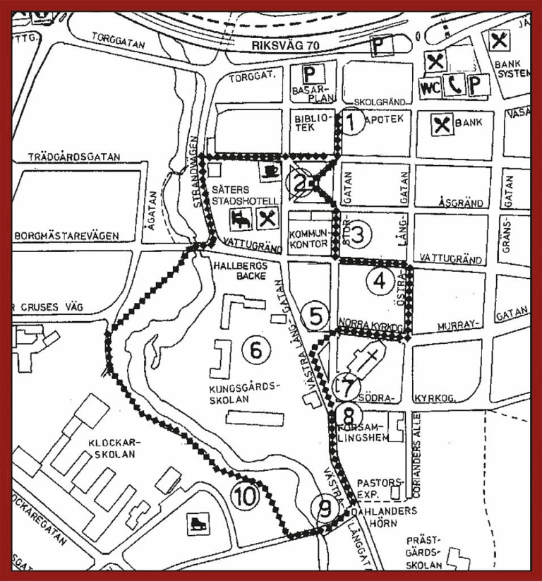 ritad karta över stadsvandring i trästaden Säter
