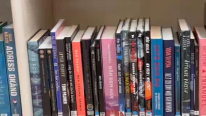 en hylla med böcker