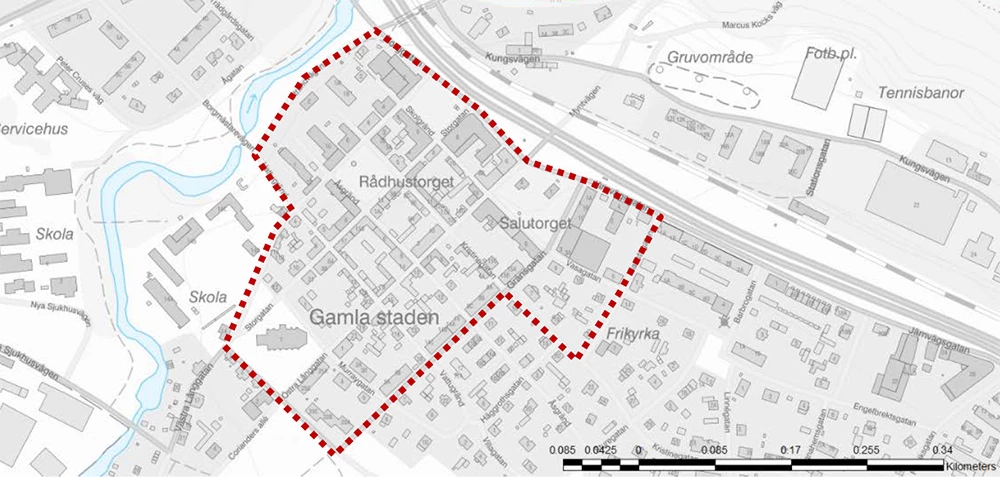 Karta över område i centrala Säter där det inte är tillåtet att använda fyrverkerier
