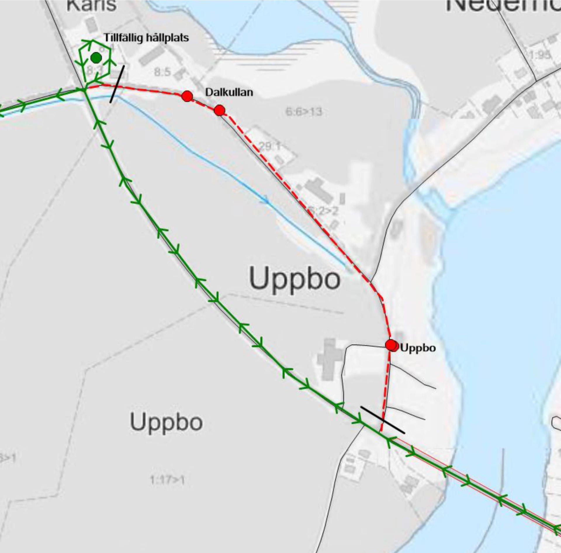 Karta över tillfällig hållplats för uppbo busslinjer