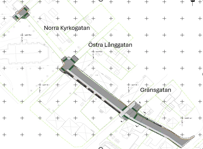 Karta som visar ombyggnation av Murraygatan och lägen för upphöjda passager i korsningar.
