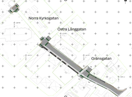 Karta som visar ombyggnation av Murraygatan och lägen för upphöjda passager i korsningar.