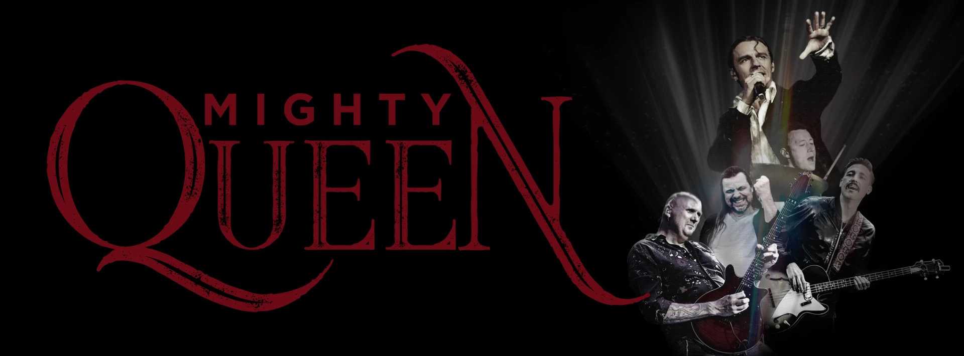 En scenisk bild på rockbandet Mighty Queen. På bilden finns också en text där det står Mighty Queen