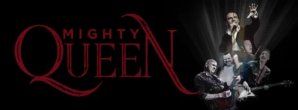 En scenisk bild på rockbandet Mighty Queen. På bilden finns också en text där det står Mighty Queen